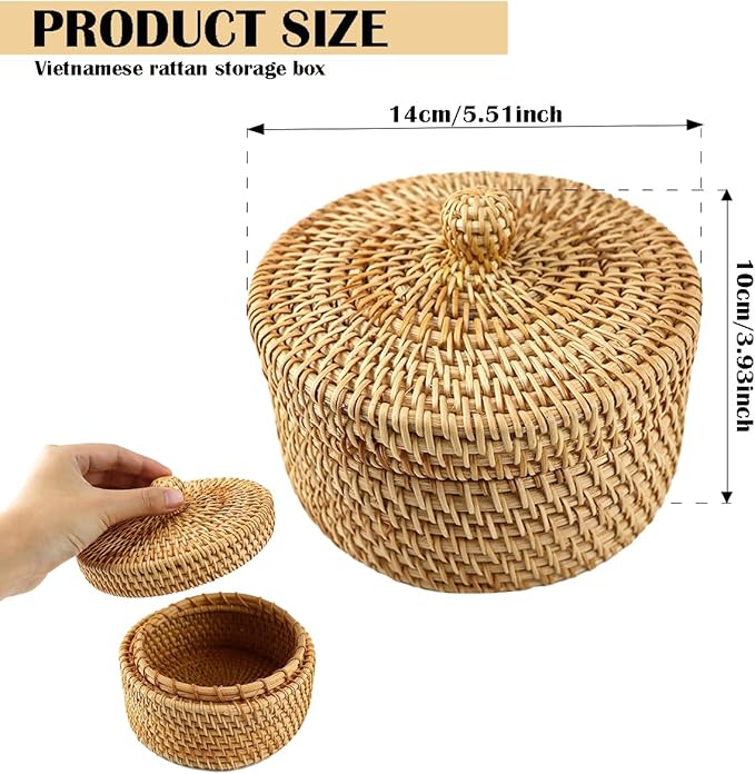 DOERDO Round Rattan Storage Basket with Lid, Hand Woven Rattan Storage Box for Jewelry Fruit Snacks Basket, 5.5x3.9 Inch