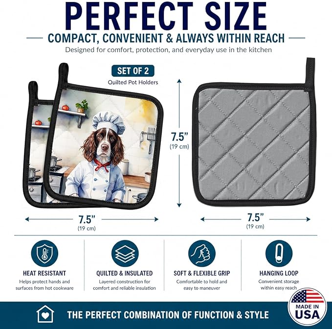 Caroline's Treasures English Springer Spaniel The Chef Pair of Pot Holders Kitchen Heat Resistant Pot Holders Sets Oven Hot Pads for Cooking Baking BBQ, 7 1/2 x 7 1/2
