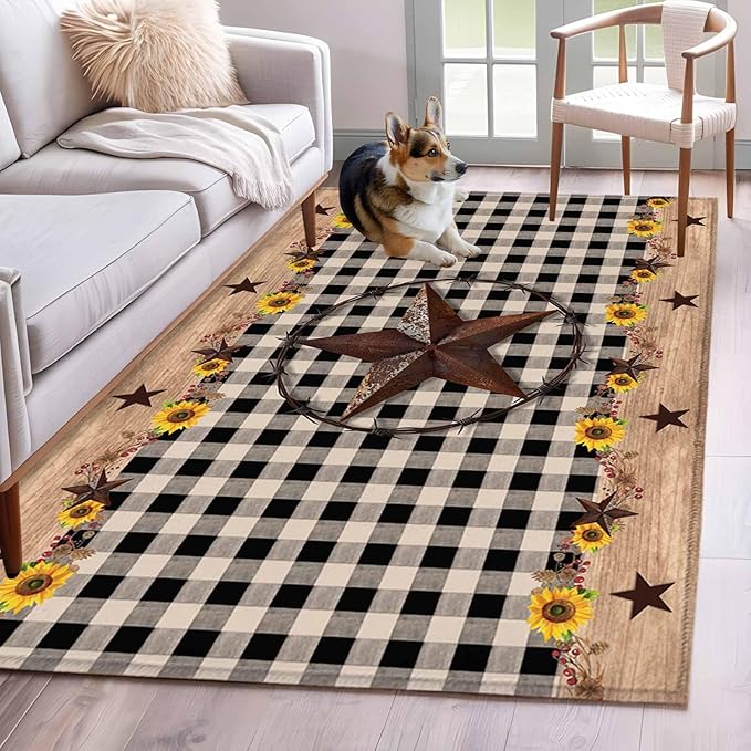 Area Rug 4x6ft, Western Star Farm Sunflower Washable Rugs for Living Room Bedroom, Vintage Wood Grain Black Buffalo Plaid Soft Non-Slip Area Rugs Rectangle Floor Carpet for Dining Room