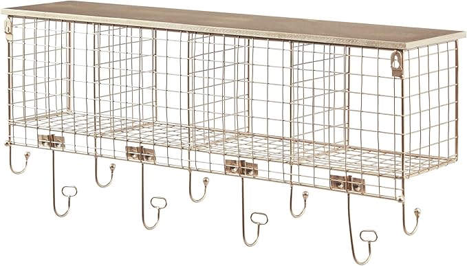 Linon Lanette Gold Metal Four Cubby Wall Shelf with Wood Shelf and Four Hooks
