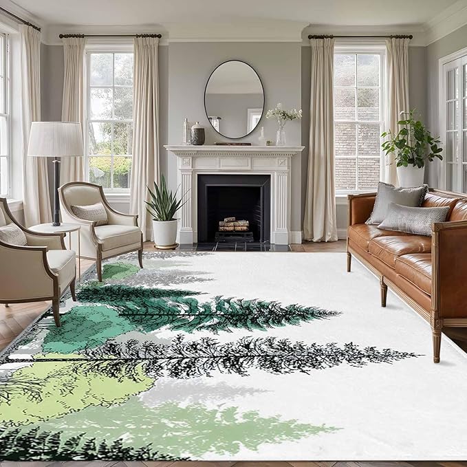 Area Rug 9x12ft, Minimalist Pine Tree Washable Rugs for Living Room Bedroom Rectangle Floor Carpet, Farmhouse Watercolor Plants Soft Non-Slip Area Rugs for Dining Room