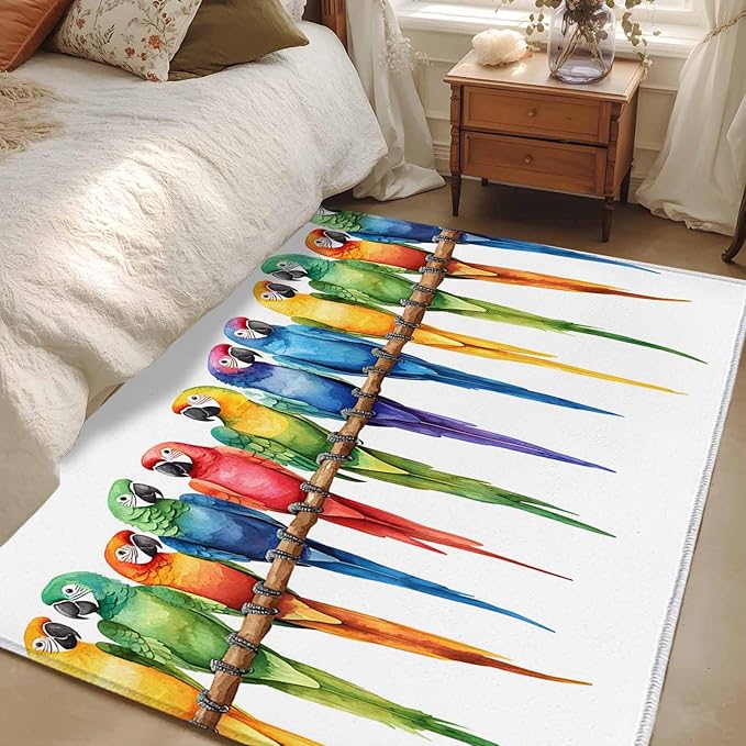 Area Rug 3x5ft, Funny Watercolor Parrot Washable Rugs for Living Room Bedroom, Red Green Blue Gradient Bird Soft Non-Slip Area Rugs Rectangle Floor Carpet for Dining Room