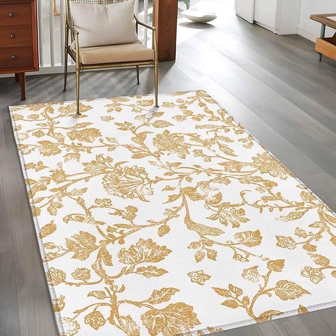Area Rug 4x6ft, Vintage Farmhouse Flowers Pattern Washable Rugs for Living Room Bedroom, Yellow Floral Art Soft Non-Slip Area Rugs Rectangle Floor Carpet for Dining Room