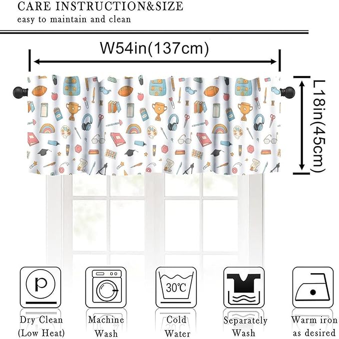 School Supplies Valance, Back to School Education Tools Short Rod Pocket Window Treatment for Kitchen Bedroom Study Room Classroom, 54x18Inch