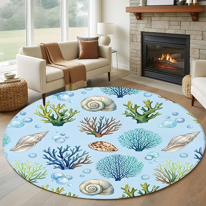 Washable Round Area Rug Coastal Shell Coral Bubble Circle Rugs Floor Carpet for Living Room Bedroom, Nautical Ocean Blue Underwater Scene Soft Non Slip Round Rug 5ft