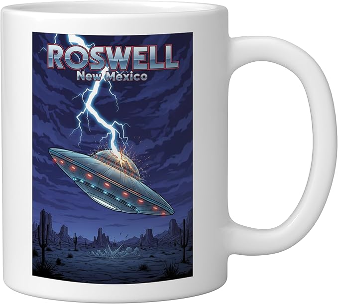 Roswell UFO Flying Saucer New Mexico Souvenir Lightning Ceramic Mug, White