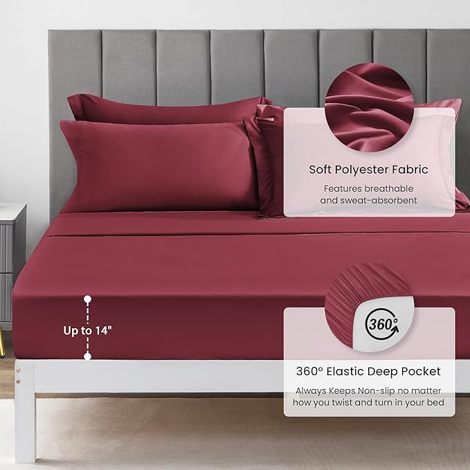 Love's cabin Full Comforter Set Burgundy, 7 Pieces Full Bed in a Bag, All Season Bedding Sets with 1 Comforter, 1 Flat Sheet, 1 Fitted Sheet, 2 Pillowcase and 2 Pillow Sham | Soft, Breathable, Lightweight, Comfortable