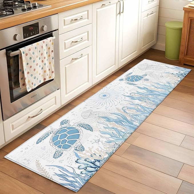 Runner Rug for Bedroom Hallway, Blue Sea Turtles Stars Corals Kitchen Runner Rugs Area Rug 2x6ft, Vintage Marine Life Washable Soft Floor Carpet for Entryway Stair