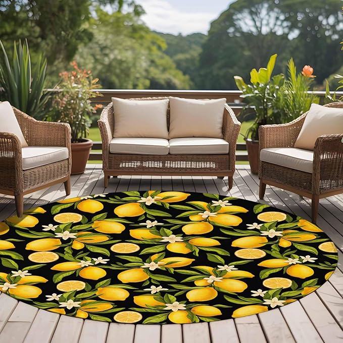 Washable Round Area Rug Summer Lemon Flower Circle Rugs Floor Carpet for Living Room Bedroom, Plant on Black Soft Non Slip Round Rug 5ft
