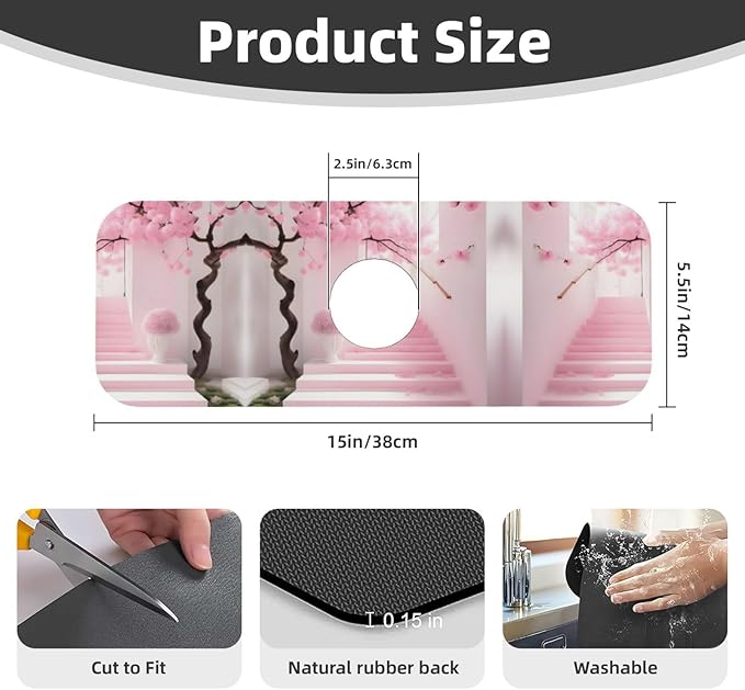 Pink Cherry Blossom Staircase Printed Faucet Absorbent mat, Suitable for bathrooms, Kitchens, and Other Sink Areas.