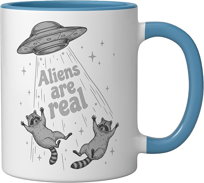Aliens Are Real UFO Raccoon Abduction Ironic Meme Ceramic Mug, Blue/White