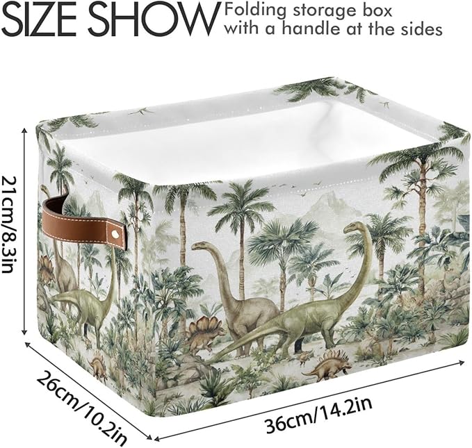 Dinosaur Palm Trees White Rectangular Storage Bin Basket with Handles - Organizer Bin for Books Clothes Laundry Basket for Pets Playroom