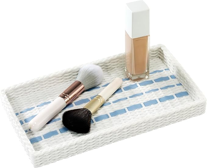 Izod – Vanity Tray, Wicker-Textured Hand-Painted Resin with Stripe Detail, Coastal Home Decor – Perfect for Organizing Toiletries, Cosmetics and Bathroom Essentials (Savannah)