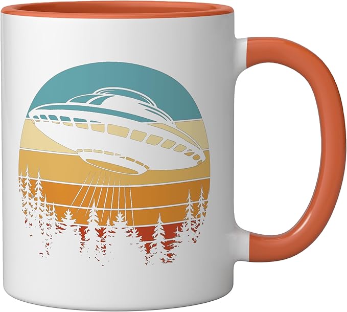 Alien UFO Flying Saucer Abduction Retro Ceramic Mug, Orange/White