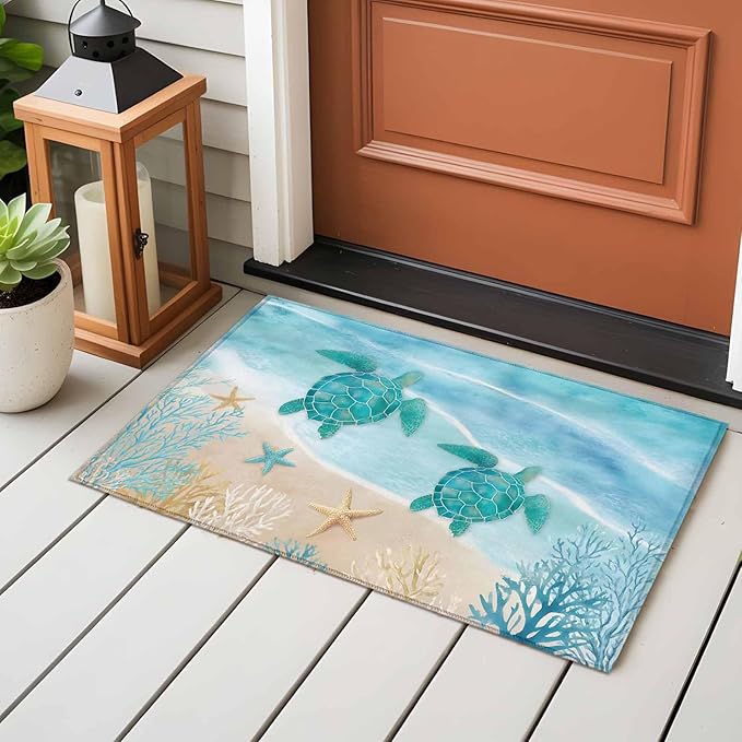 Area Rug 2x3ft, Sea Turtle Starfish Coral Washable Rugs for Living Room Bedroom, Summer Seaside Ocean Life Soft Non-Slip Area Rugs Rectangle Floor Carpet for Dining Room