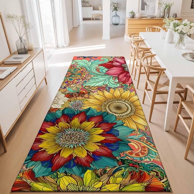 Runner Rug for Bedroom Hallway, Boho Colorful Blossom Flower Kitchen Runner Rugs Area Rug 2x6ft, Country Retro Ethnic Floral Washable Soft Floor Carpet for Entryway Stair