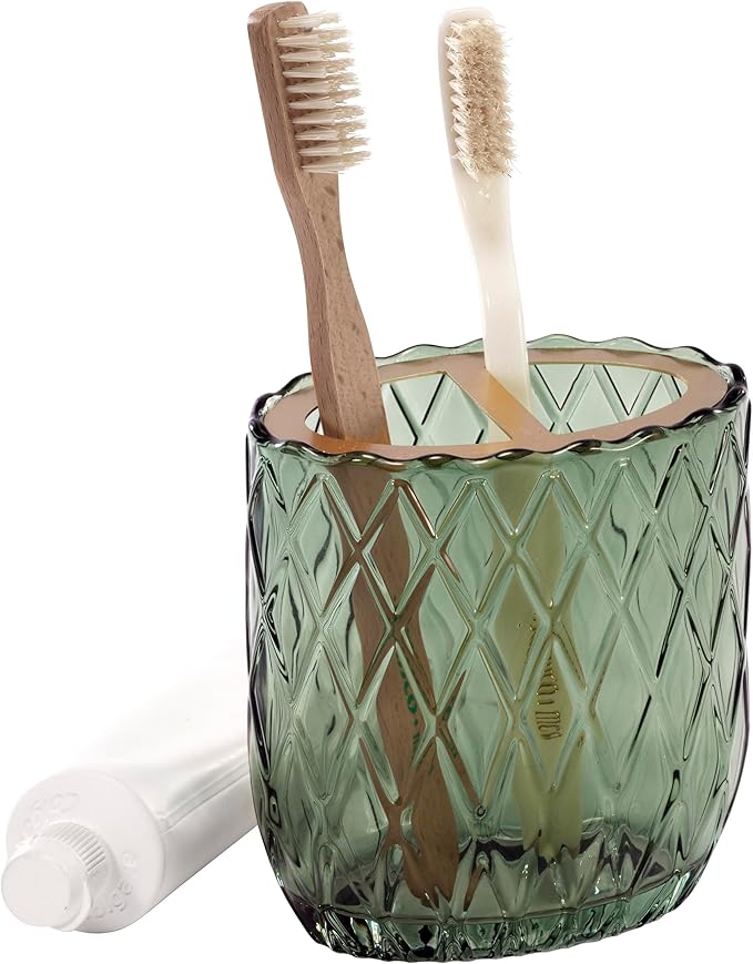 Nicole Miller – Toothbrush Holder, Embossed Glass with Scalloped Edge and Gold-Tone Divider, Trellis Home Decor – Perfect for Organizing Bathroom Essentials (Bijou Green)