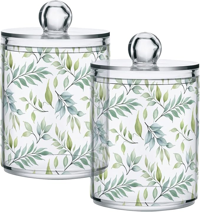 Bathroom Canister Set of 2, Green Leaf Plant Summer Clear Plastic Jars Holder Dispenser Farmhouse Sugar Storage Countertop With Airtight Lids, Kitchen Theme Decor