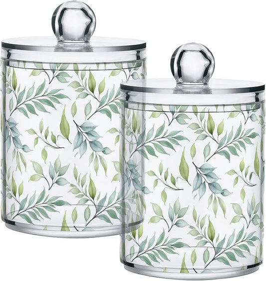 Bathroom Canister Set of 2, Green Leaf Plant Summer Clear Plastic Jars Holder Dispenser Farmhouse Sugar Storage Countertop With Airtight Lids, Kitchen Theme Decor