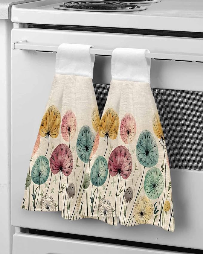 Alandar Home Kitchen Tie Towel Set of 1, Farm Dandelion Plant on Rustic Absorbent Soft Hand Towels for Bathroom Hanging Towels, Watercolor Botanical Fast Drying Cleaning Cloth with Loop