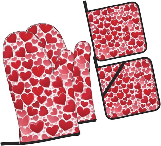 4 Pcs Red Heart Pattern Oven Mitts and Potholders,Kitchen Oven Glove with Pot Holders,Non-Slip Gloves High Heat Resistant 500 Degree for BBQ, Grill, Baking, Cooking, Oven, Microwave