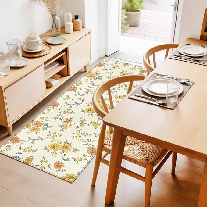 Runner Rug for Bedroom Hallway, Orange Yellow Flowers Wild Vines Kitchen Runner Rugs Area Rug 2x6ft, Watercolor Floral Washable Soft Floor Carpet for Entryway Stair