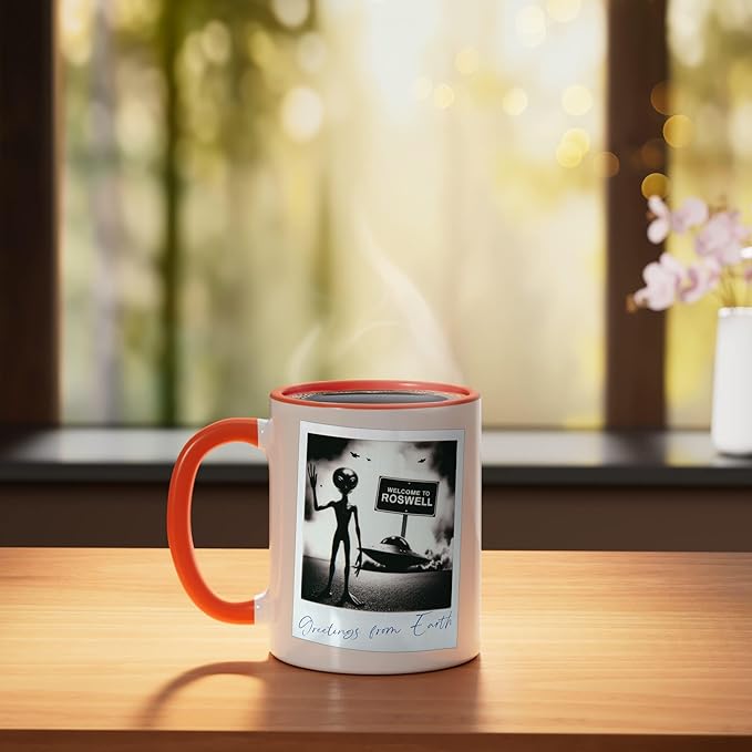 Vintage Alien UFO Crash At Roswell 1947 Photo Ceramic Mug, Orange/White