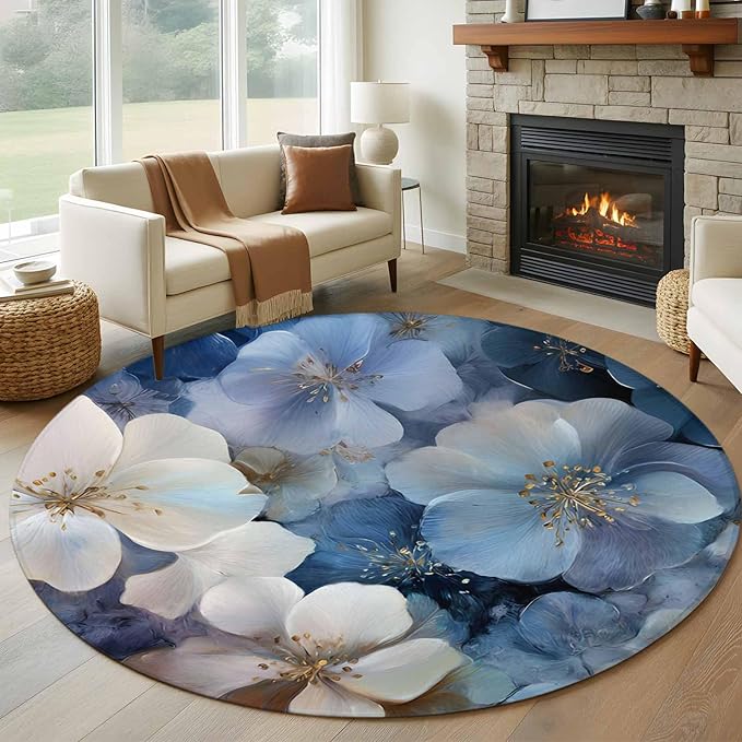 Washable Round Area Rug Watercolor White Navy Blue Floral Foliage Circle Rugs Floor Carpet for Living Room Bedroom, Abstract Flower Soft Non Slip Round Rug 5ft