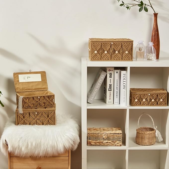 Decorative Boho Storage Baskets with Lid Bohemian Macrame Jewelry Box Handmade Natural Cotton Rope Woven Bins Memory Keepsake Photo Makeup Organizer Shelf Container (Khaki, Large)