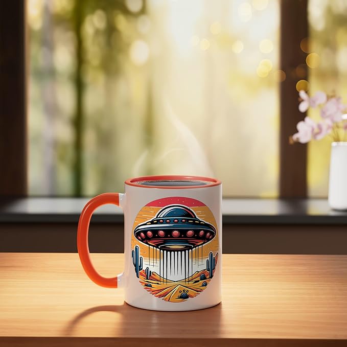 Retro UFO Desert Abduction Scene | Vintage Sci-Fi Ceramic Mug, Orange/White
