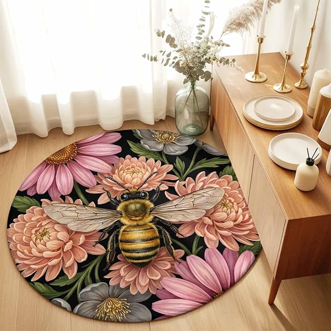 Washable Round Area Rug Vintage Honey Gold Bee Pink Flowers Circle Rugs Floor Carpet for Living Room Bedroom, Sage Green Leaves Soft Non Slip Round Rug 5ft