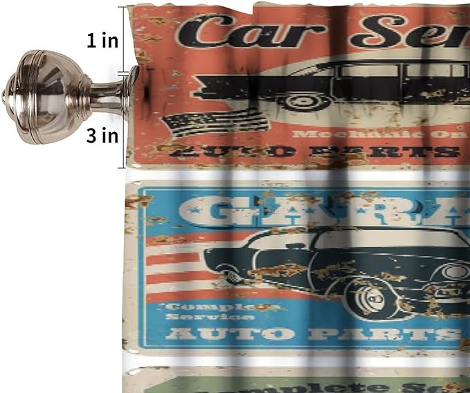 Retro 1950s Valances Curtains Vintage Car Signs Automobile Advertising Repair Vehicle Garage Servicing, Windows Short Curtain Valance for Kitchen Bedroom with Rod Pocket, One Panel 54X18 Inches