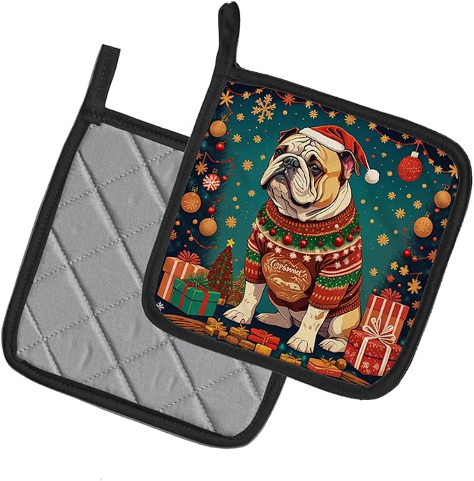 Caroline's Treasures English Bulldog Christmas Pair of Pot Holders Kitchen Heat Resistant Pot Holders Sets Oven Hot Pads for Cooking Baking BBQ, 7 1/2 x 7 1/2