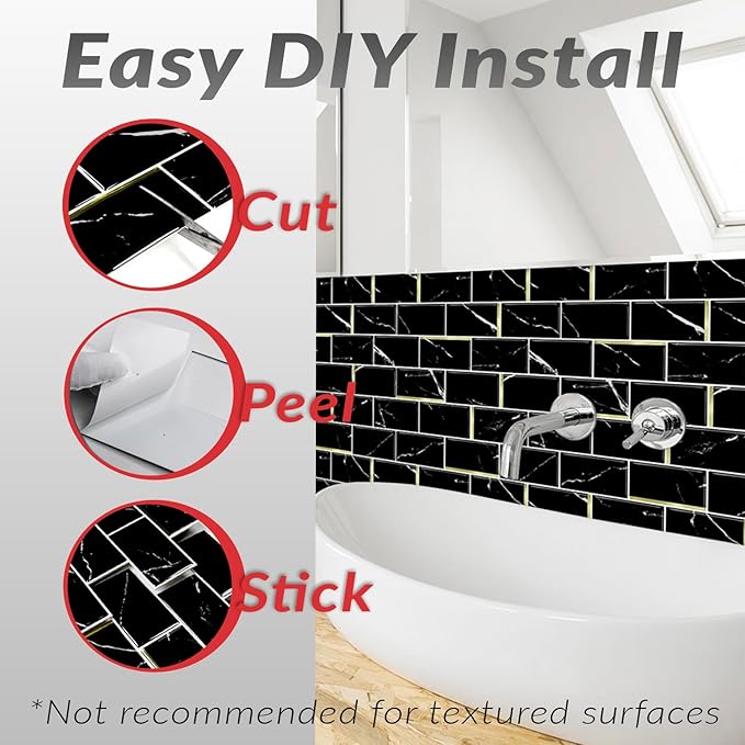 DÉCOR WOW Peel & Stick Backsplash for Kitchen & Bathroom Black Marble Subway with Gold, 1 sq ft (8-Pack)