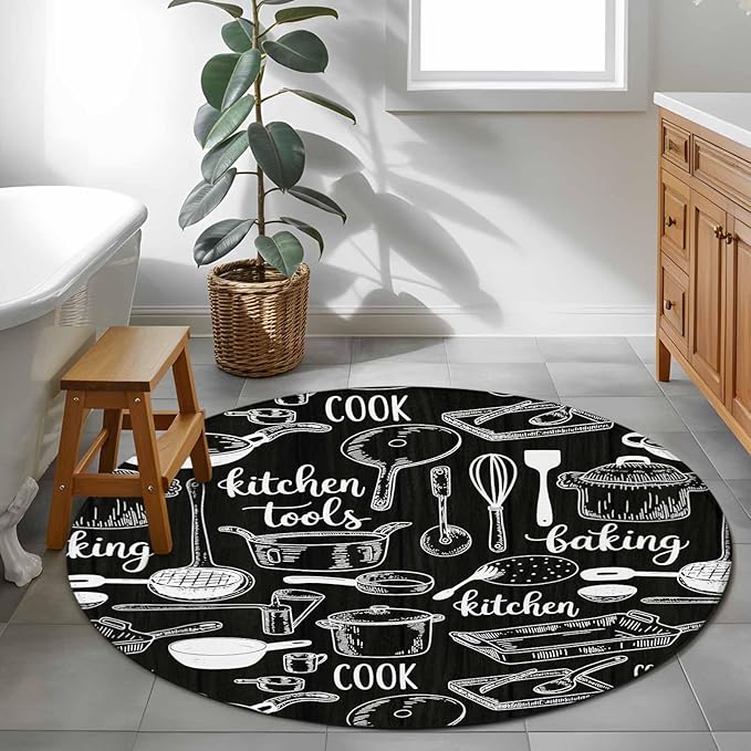 Black Kitchen Tools 3.3ft Round Rug, Modern Cooking Utensil Non-Skid Rubber Backing Large Area Rugs - Living Room Bedroom Home Office, Farmhouse Cookware Indoor Floor Mat Carpets Washable Rug