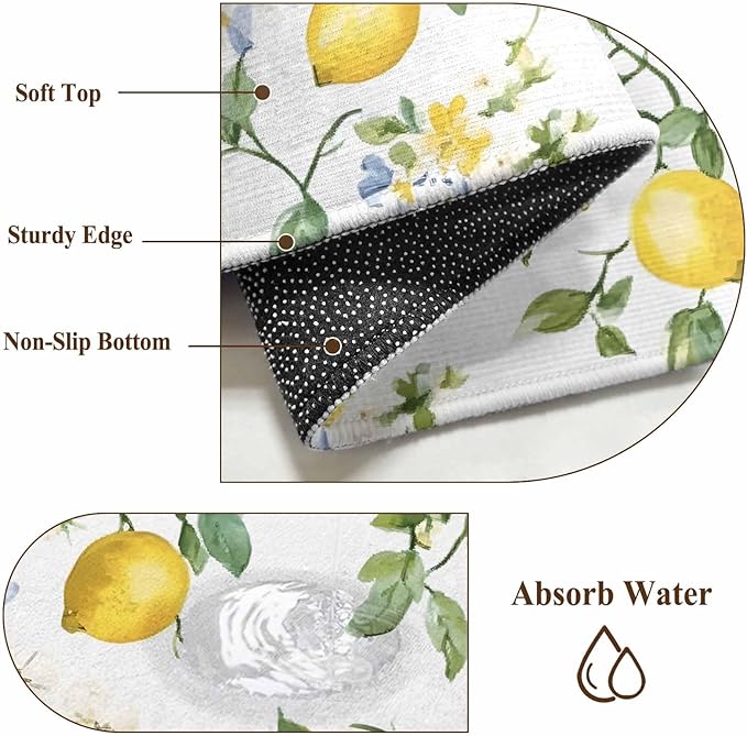 Runner Rug for Bedroom Hallway, Summer Watercolor Lemon Flower Kitchen Runner Rugs Area Rug 2x6ft, Spring Farm Fruit Green Leaf Washable Soft Floor Carpet for Entryway Stair
