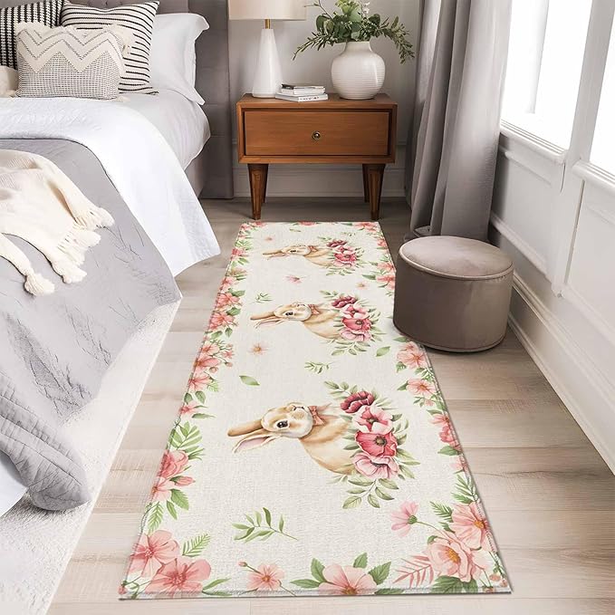 Runner Rug for Bedroom Hallway, Retro Easter Rabbit on Linen Kitchen Runner Rugs Area Rug 2x6ft, Spring Pastoral Pink Flower Leaf Washable Soft Floor Carpet for Entryway Stair
