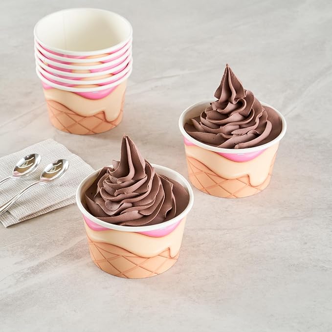 Restaurantware Ice Cream Cups 200 Pack of 8 oz Leak-Resistant Disposable Dessert Bowl Frozen Yogurt Cup Round Paper Container For Cold And Hot Desserts