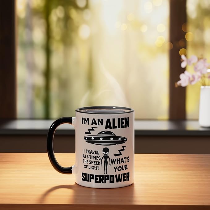 I'm An Alien Silhouette First Contact Space Apparel Ceramic Mug, Black/White