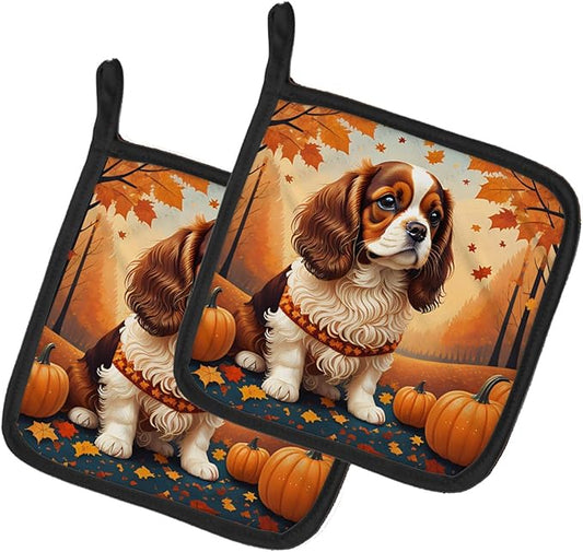 Caroline's Treasures DAC1033PTHD Cavalier Spaniel Fall Pair of Pot Holders Kitchen Heat Resistant Pot Holders Sets Oven Hot Pads for Cooking Baking BBQ, 7 1/2 x 7 1/2