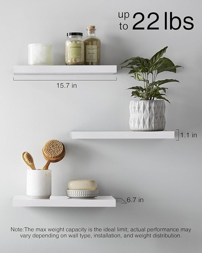 BAYKA White Floating Shelves for Wall Set of 3, Rustic Wood Wall Shelves with Metal Brackets for Bathroom, Bedroom, Kitchen, or Living Room Decor Organization, Sturdy Storage with 22lb Capacity