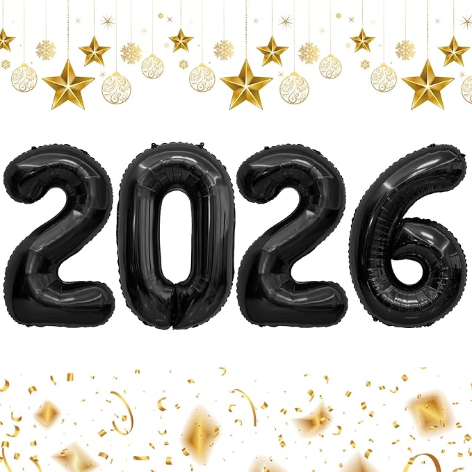 2026 Balloons, 2026 Number Balloons, 2026 Black Balloon, Foil Happy New Year Balloon for New Year Eve Party Supplies 2026 Graduation Decorations Anniversary Birthday Home Office Decorations, 16 Inch
