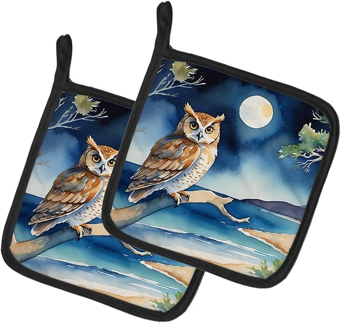 Caroline's Treasures Owl Perched in Coastal Tree Pair of Pot Holders Kitchen Heat Resistant Pot Holders Sets Oven Hot Pads for Cooking Baking BBQ, 7 1/2 x 7 1/2