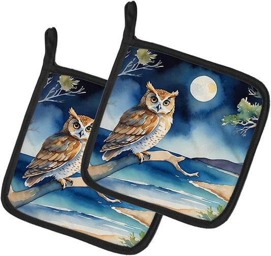 Caroline's Treasures Owl Perched in Coastal Tree Pair of Pot Holders Kitchen Heat Resistant Pot Holders Sets Oven Hot Pads for Cooking Baking BBQ, 7 1/2 x 7 1/2