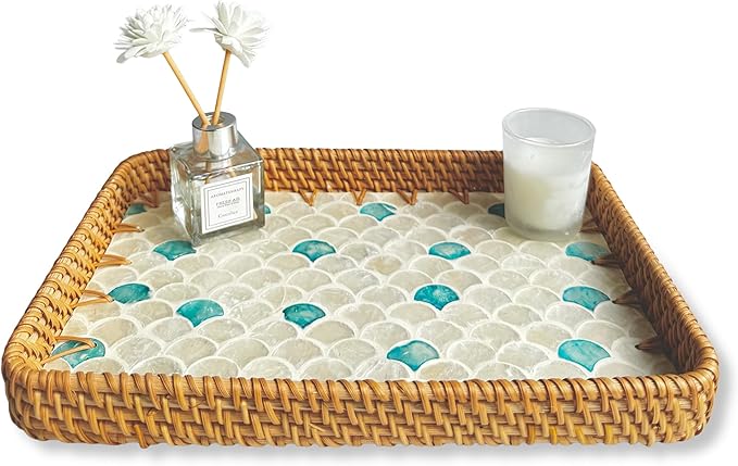 Rattan Rectangle Tray with Mother of Pearl Inlay – Unique Decorative Rattan Serving Tray for Coffee Table, Bathroom Vanity, Perfume & Nightstand – Ideals for Housewarming (Fin 11.8")