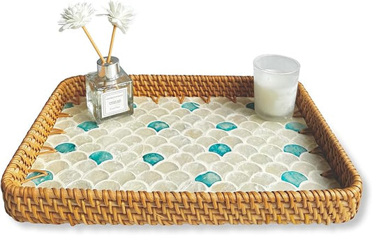 Rattan Rectangle Tray with Mother of Pearl Inlay – Unique Decorative Rattan Serving Tray for Coffee Table, Bathroom Vanity, Perfume & Nightstand – Ideals for Housewarming (Fin 11.8")