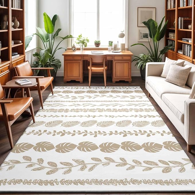 Area Rug 4x6ft, Farmhouse Monstera Leaf Seamless Washable Rugs for Living Room Bedroom, Summer Rustic Abstract Leaves Soft Non-Slip Area Rugs Rectangle Floor Carpet for Dining Room