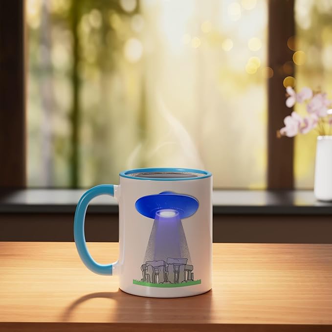 Funny UFO Stonehenge mystery stone circle flying saucer Ceramic Mug, Blue/White