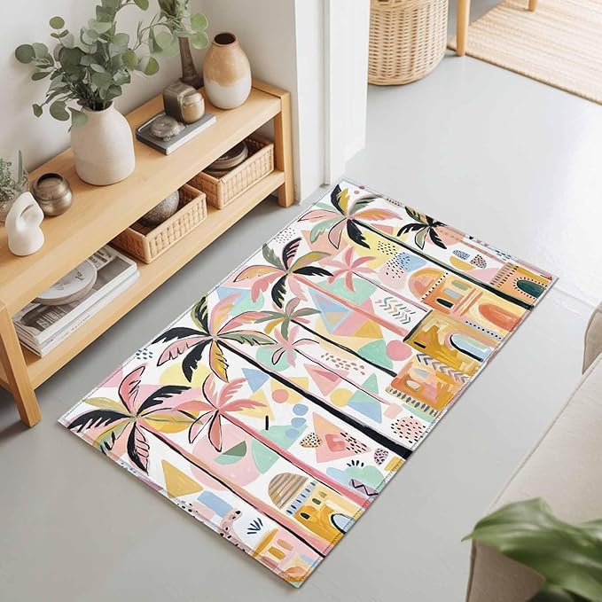 Area Rug 2x3ft, Boho Summer Artistic Palm Trees Washable Rugs for Living Room Bedroom, Abstract Buildings Soft Non-Slip Area Rugs Rectangle Floor Carpet for Dining Room