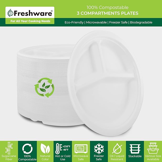 Freshware Paper Plates - Disposable 10" Plate, 150-Pack, Biodegradable Sugarcane Dinner Plates - Heavy Duty Dinnerware - Microwave & Freezer Safe, Stackable Dinnerware - 3-Compartment